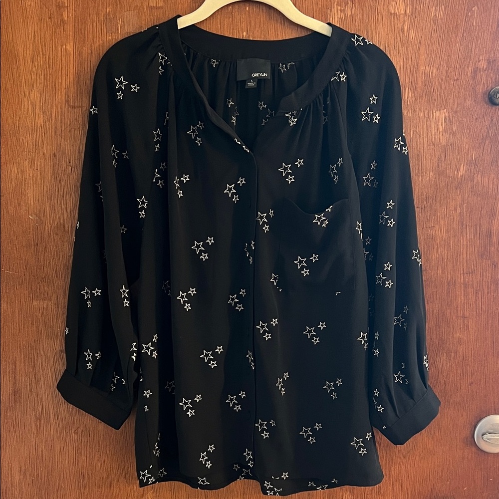 Greylin Black Star Print Blouse
